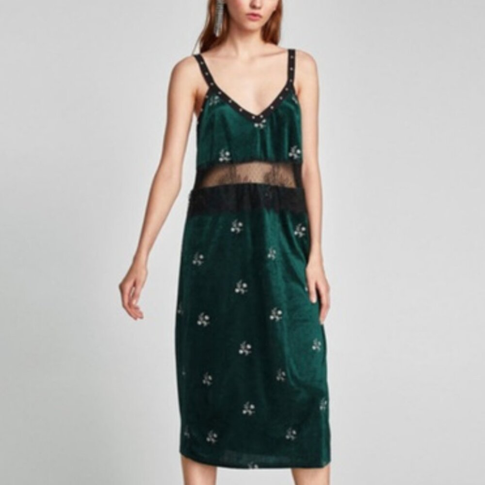 Zara Zara Velvet‎ Embroidery Strappy Midi Dress Size Small 4